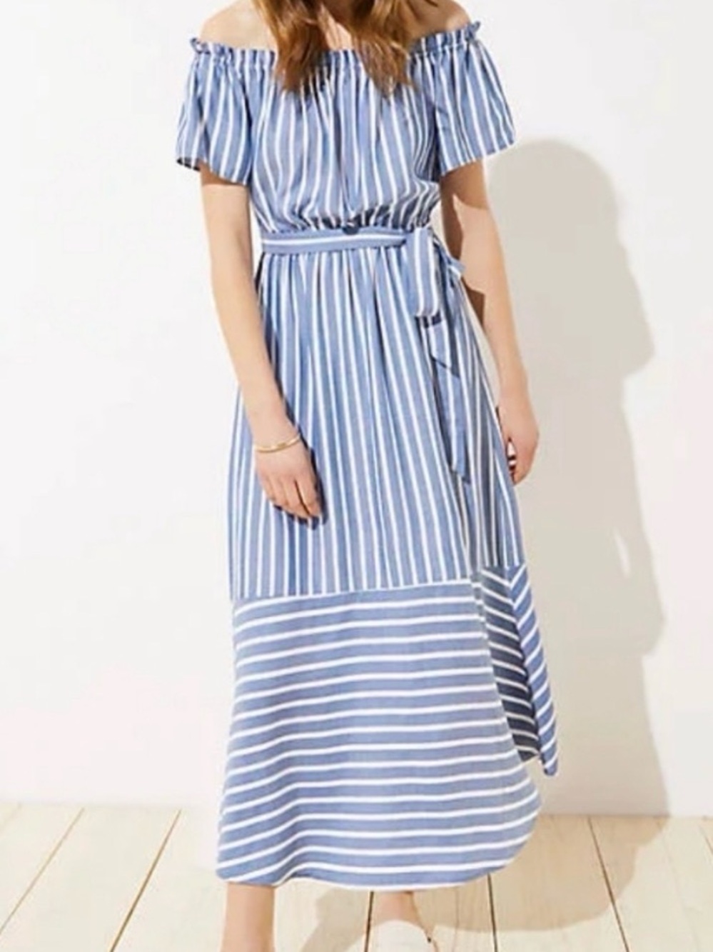 LOFT Blue and White Striped Off-Shoulder Maxi Dress